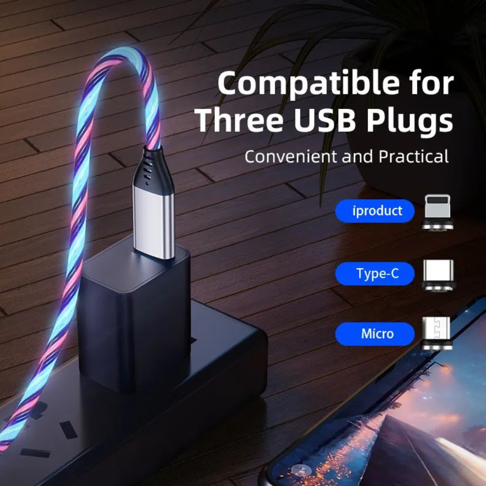 Luminous Flowing Light USB Type C Lightening Magnetic Data Cable for Apple/Android