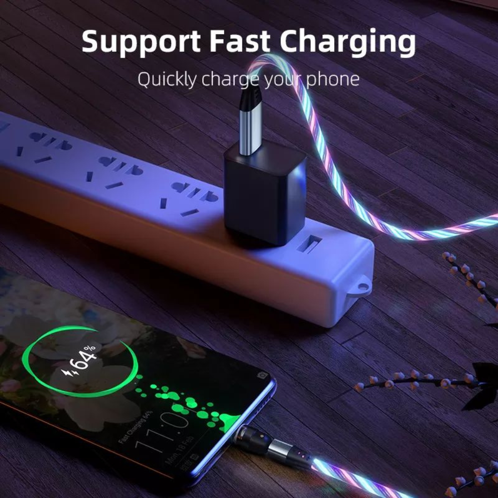 Luminous Flowing Light USB Type C Lightening Magnetic Data Cable for Apple/Android