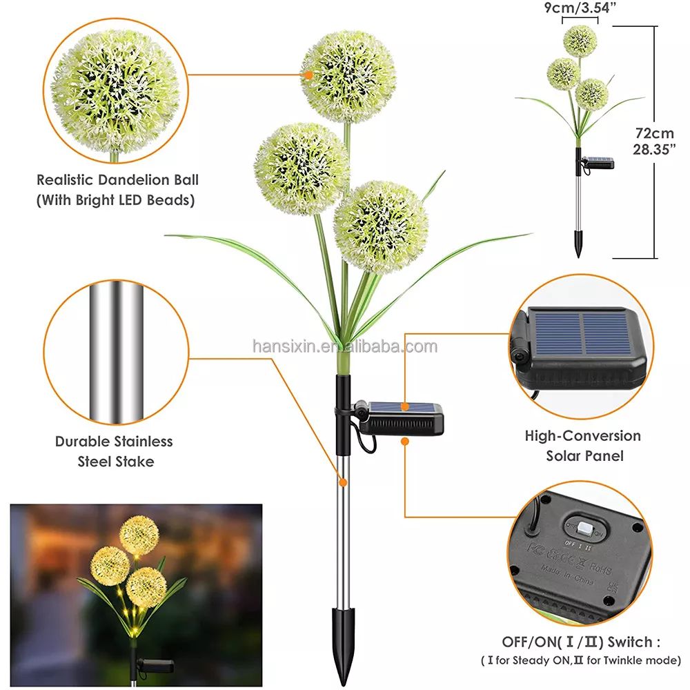 3 Head Dandelion Flower Lights Outdoor Solar Garden Pathway Landscape Lamp 2x Pieces